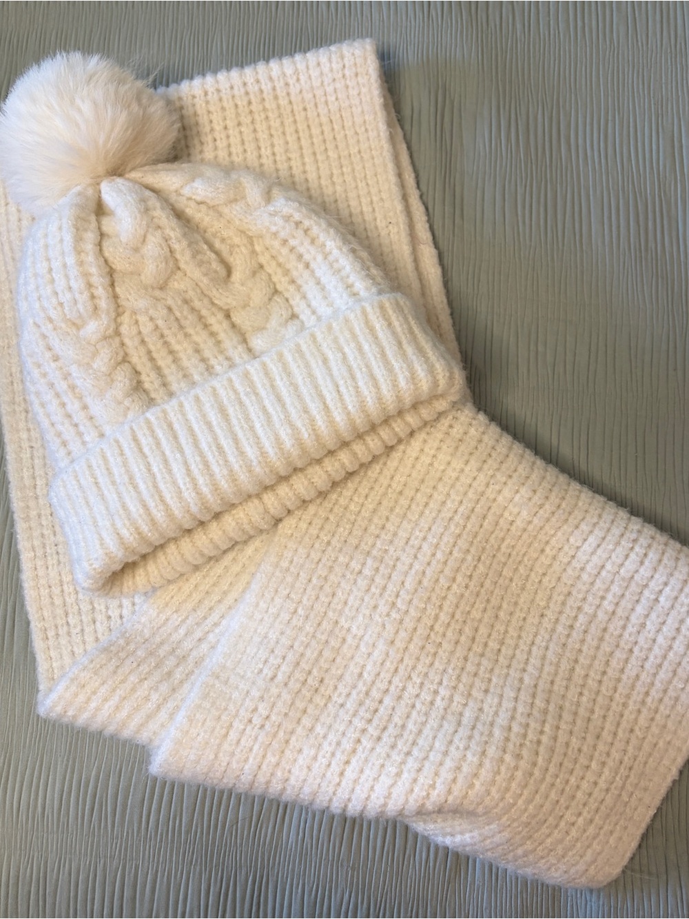 Cream Pom Beanie and Scarf Set